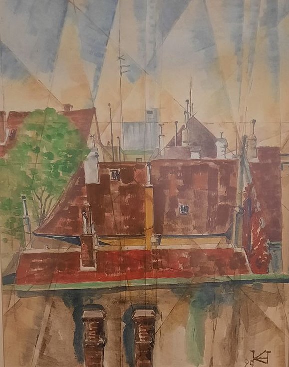 Gemälde zeigt braune Dächer über Stadt
