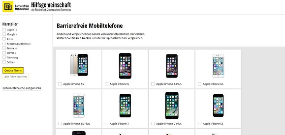 Ein Screenshot des Vergleichsportals für barrierefreie Mobiltelefone. Links kann nach Hersteller gefiltert werden. Rechts werden mehrere Mobiltelefone in Kästchen gezeigt.