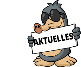 Maulwurf AUGust mit einem Schild "Aktuelles"