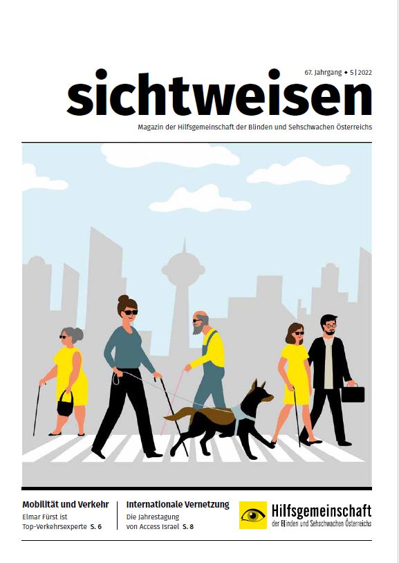 sichtweisen Cover mit Illustration von Menschen, teils mit Blindenführhund und Stock, die über Straße gehen