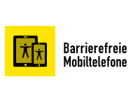 Gelbes Icon mit Handys darauf, daneben Schrift "Barrierefreie Mobiltelefone"