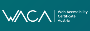 Weiße Schrift "WACA - Web Accessibility Certificate Austria" auf grünem Hintergrund