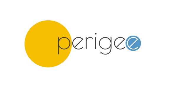 Logo Perigee mit gelbem Kreis beim "p" und blauem Kreis beim letzten "e"