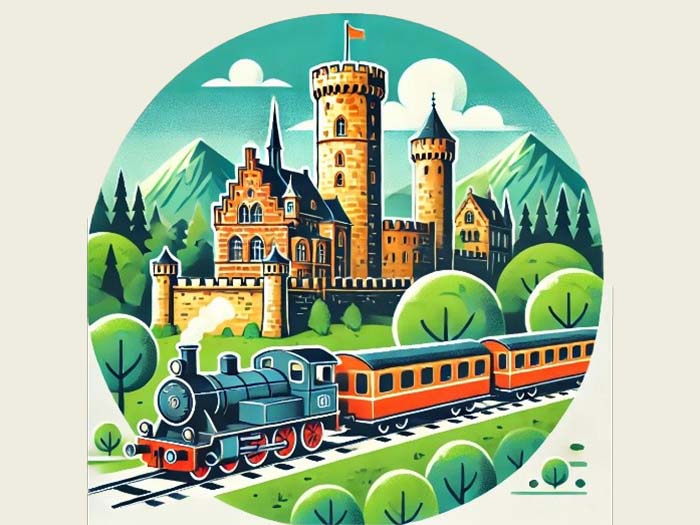 Eine Abbildung eines Zuges, der vor einem Schloss und Bergen im Hintergrund über Schienen tuckert.