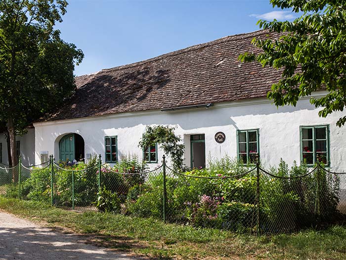 Ein älteres einstöckiges weißes Haus mit Garten vor blauem Himmel.