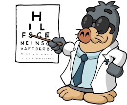Maulwurf AUGust mit Brille und Ärztemantel zeigt mit einem Zeigestab auf eine Tafel mit Buchstaben.au