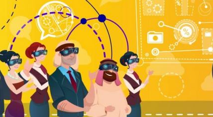 Illustration mit gelbem Hintergrund: verschiedene Personen mit VR-Brille schauen nach rechts