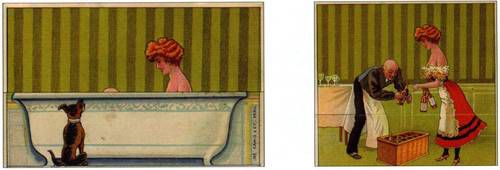 2 Gemälde, links mit Frau in Badewanne und Hund schaut zu, rechts Frau und Mann beim Ausräumen einer Weinkiste