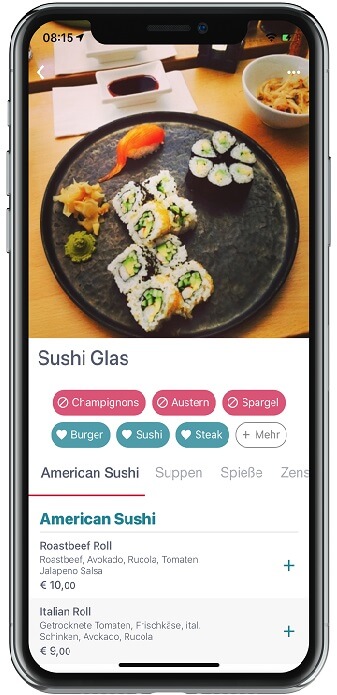 Blick auf ein Smartphone das eine Abbildung eines Sushi-Gerichts samt Beschreibung und Preis anzeigt