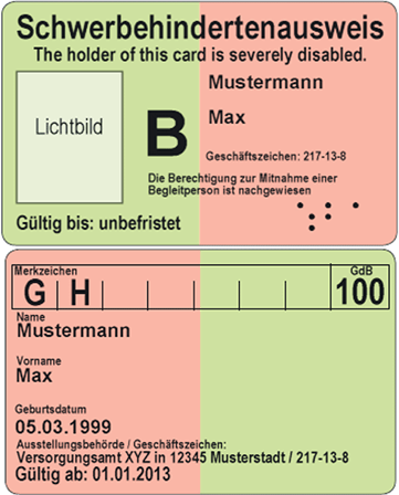 Schwerbehindertenausweis in Deutschland Ausweis in orange-grün von Max Mustermann