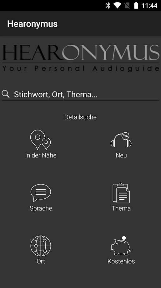Screenshot Startbildschirm der App Hearonymus. Verschiedene Suchmöglichkeiten werden angeboten.