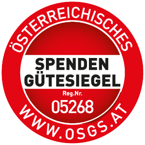 Rotes, kreisförmiges Logo mit Aufschrift "Österreichisches Spendengütesiegel - Reg. Nr. 05268 - www.osgs.at".