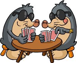 Zwei Maulfwürfe, einer mit Armbinde, sitzen sich gegenüber am Tisch und spielen Karten.