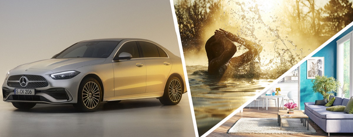 Foto von einem Auto, einem Bad und einer Person die in einem Thermenbecken ist