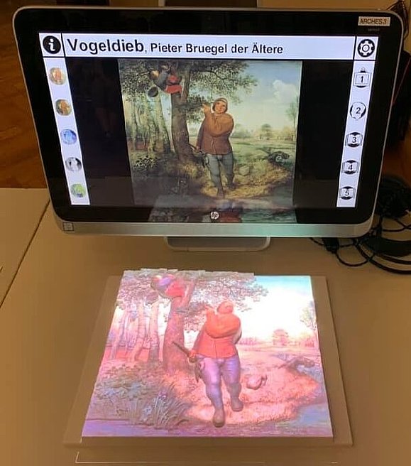 Computerbildschirm zeigt Gemälde "der Vogeldieb" mit Einstellungsmöglichkeiten links und recht, darunter Tastrelief des Gemäldes.