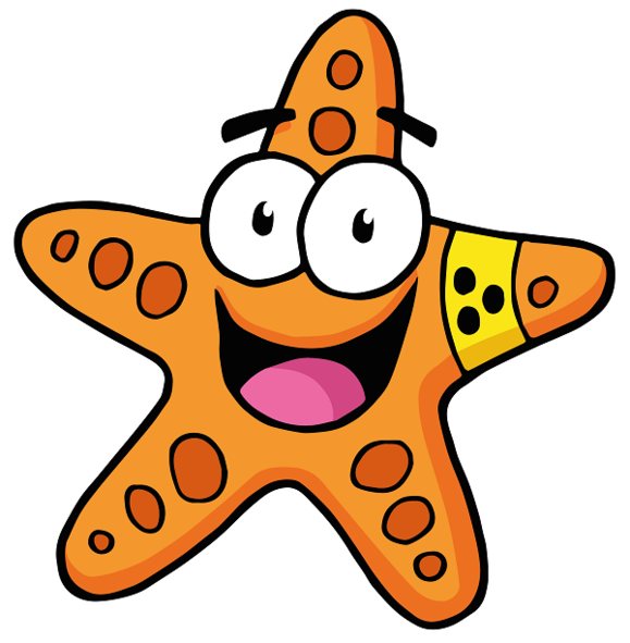 Sofie "Sehsternchen" ist das Maskottchen der Kindergruppe. Der lustige "Sehstern" begleitet die Kleinen bei ihren Abenteuern. Comic-Zeichnung von Maskottchen Sofie "Sehsternchen" das lacht und eine gelbe Armbinde mit drei schwarzen Punkten trägt