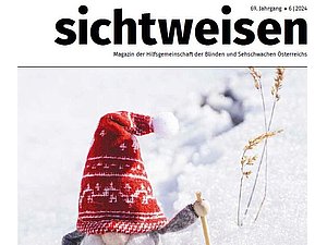 Cover der sechsten sichtweisen Ausgabe 2024. Titelbild eines Weihnachtswichtels beim Skifahren.