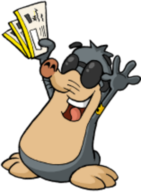 Ein Maulwurf mit Armbinde und Brille hält fröhlich seine Hände nach oben und hat in der rechten Hand drei Lose.