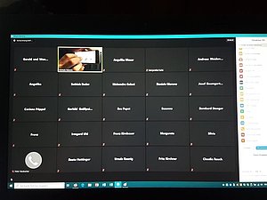 Ein Foto von einem Computerbildschirm auf dem ein Zoom-Meeting läuft. Mehrere Kästchen mit Namen sind zu sehen.