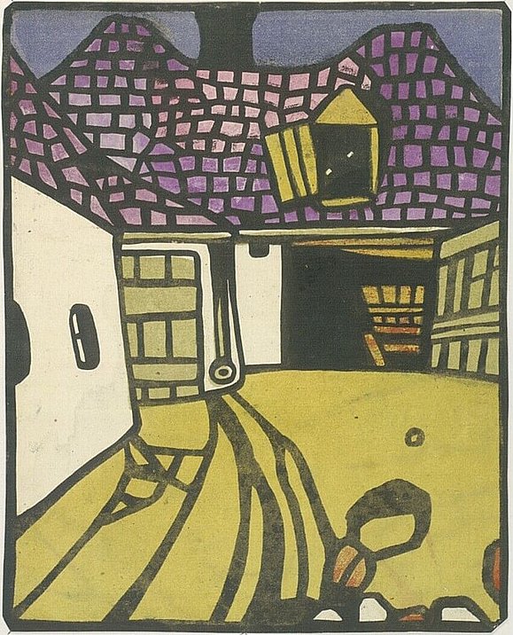 Zeichnung von Haus mit lila Dach und grüngelbem Boden. Dicke Linien in schwarz.