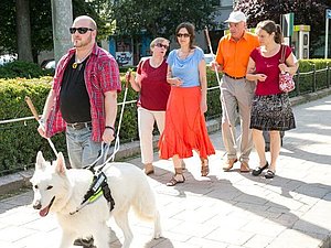 Ein Mann geht mit Blindenführhund voran, dahinter führen je zwei Menschen zwei blinde Menschen.