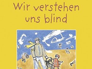 Buchcover mit Illustration: Blinder Mann mit Blindenhund und Kind
