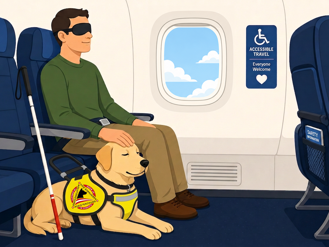Blinder Flugpassagier sitzt entspannt in einer Flugzeugreihe, ihr Assistenzhund mit Kennweste liegt ruhig vor dem Sitz, durch das Fenster sind Wolken zu sehen und die Szene vermittelt sicheres, barrierefreies Fliegen für Menschen mit Behinderungen.