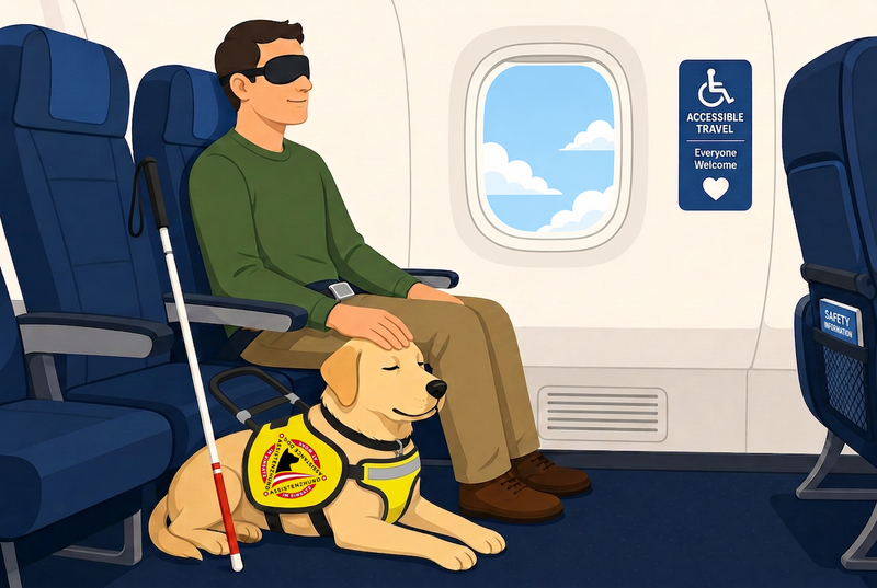 Blinder Flugpassagier sitzt entspannt in einer Flugzeugreihe, ihr Assistenzhund mit Kennweste liegt ruhig vor dem Sitz, durch das Fenster sind Wolken zu sehen und die Szene vermittelt sicheres, barrierefreies Fliegen für Menschen mit Behinderungen.
