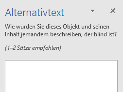 Fenster in Word für Alt-Texte: "Wie würden Sie dieses Objekt und seinen Inhalt jemandem beschreiben, der blind ist? 1-2 Sätze empfohlen"