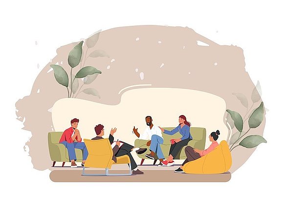 Illustration mehrere Personen auf einer Couch sitzend, welche sich Austauschen und miteiner interagieren. Der Hintergrund ist in Pastellfarben gehalten.