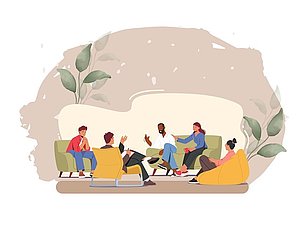 Illustration mehrere Personen auf einer Couch sitzend, welche sich Austauschen und miteiner interagieren. Der Hintergrund ist in Pastellfarben gehalten.