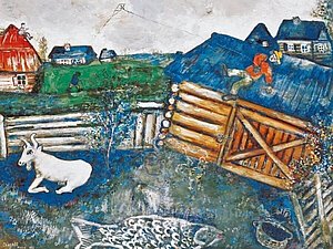Gemälde einer ländlichen Umgebung mit eingezäuntem Ziegenbock und Stall. Darauf liegt ein Mann mit fliegendem Papierdrache in der Luft.