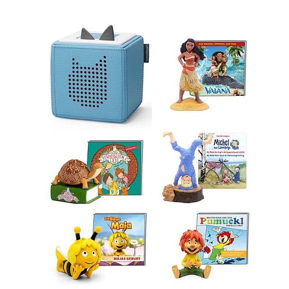 Abbildung einer helllblauen Toniebox und 5 Tonies