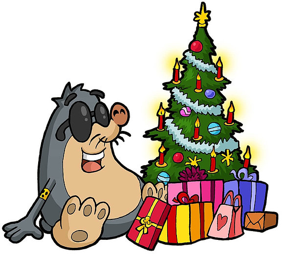 Comic: Unser Maskottchen, der blinde Maulwurf AUGust, sitzt vor einem Weihnachtsbaum mit vielen bunten Geschenken.