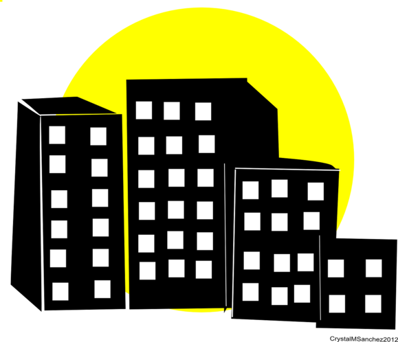 Grafik von Hochhäusern mit beleuchteten Fenstern, dahinter der Mond