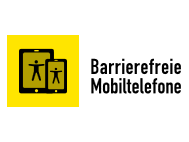 Gelbes Icon mit Handys darauf, daneben Schrift "Barrierefreie Mobiltelefone"