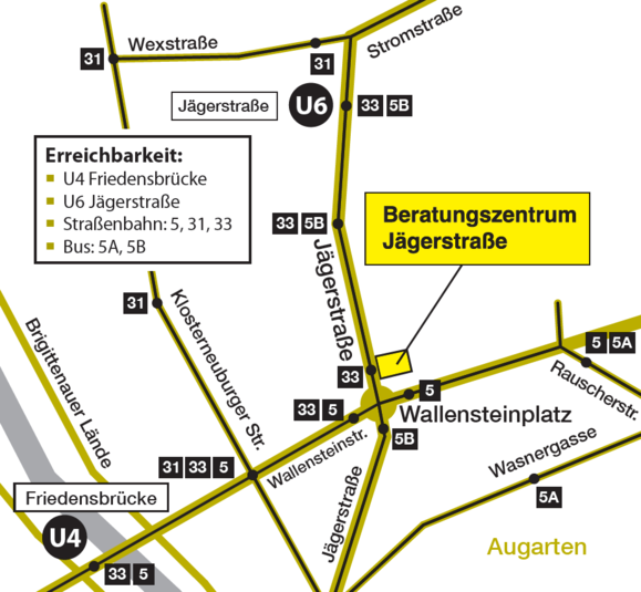 Ein Orientierungsplan, auf dem Straßen und Stationen des öffentlichen Verkehrs eingezeichnet sind. Mit einem gelben Feld ist der Standort der Hilfsgemeinschaft gekennzeichnet.