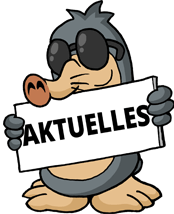 Maulwurf AUGust mit einem Schild "Aktuelles"