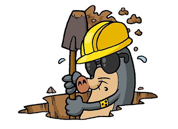 Comic: Unser Maulwurf-Maskottchen namnes AUGust buddelt schon eifrig in einem Loch, dabei hat er einen Baustellen-Helm auf und einen Spaten in der Hand.