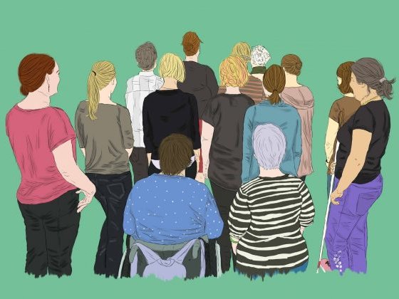 Illustration mehrere Frauen als Gruppe auf grünem Hintergrund drehen dem Betrachter den Rücken zu