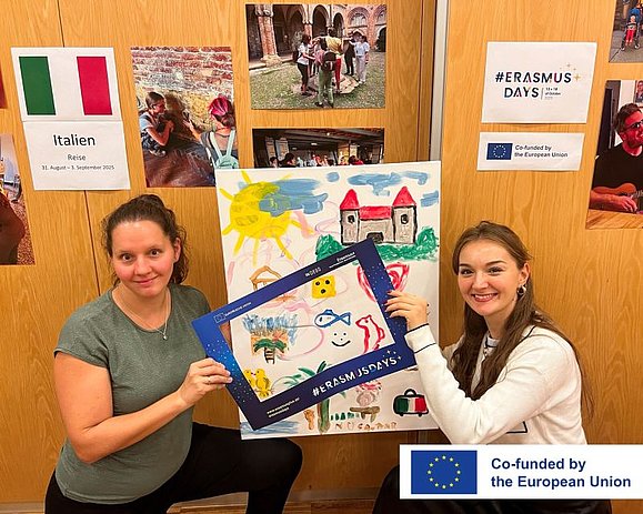 Zwei junge Frauen halten einen Bilderrahmen, im Hintergrund sieht man Fotos