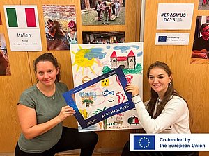 Zwei junge Frauen halten einen Bilderrahmen, im Hintergrund sieht man Fotos