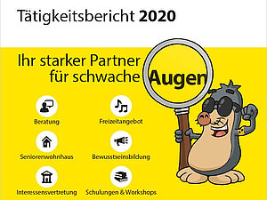 August mit Lupe auf weiß gelbem Hintergrund, links oben Hilfsgemeinschaft Logo und Titel Tätigkeitsbericht 2020