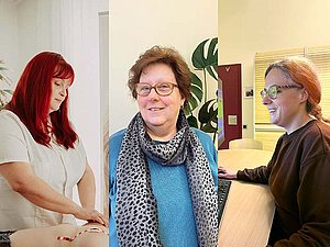 Fotos dreier Frauen nebeneinander: Eine trägt weißen Kittel und tastet die Brust einer Frau ab, die vor ihr liegt. Sie hat knallrote Haare. Die nächste lächelt in die Kamera, hat kurze braune Haare und eine Brille und trägt ein gemustertes graues Halstuch zu einem blauen Pullover. Die letzte lächelt während sie im Büro am Computer arbeitet, sie hat orange Haare zu einem Zopf geflochten und trägt eine Brille.  