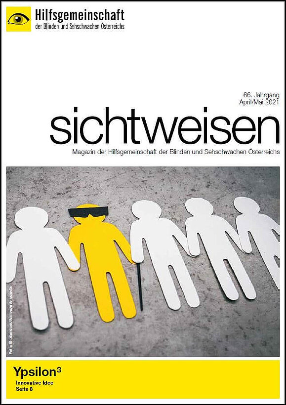 sichtweisen Cover, am Bild sind 5 Männchen aus Karton zu sehen, davon ist eines gelb und mit schwarzer Sonnenbrille, darunter Titel "Ypsilon hoch 3 - Innovative Idee".