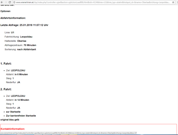 POPTIS Website - Abfahrtsinformation U1 Richtung Leopoldau. Informationen zu Steig, Flur, Zeit und Haltestelle.