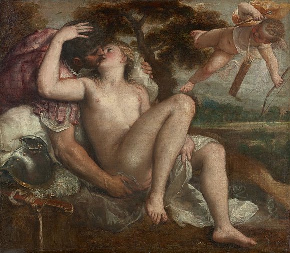 Gemälde mit nacktem Engel, nach hinten gedreht und Person küssend
