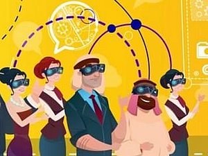 Illustration mit gelbem Hintergrund: verschiedene Personen mit VR-Brille schauen nach rechts