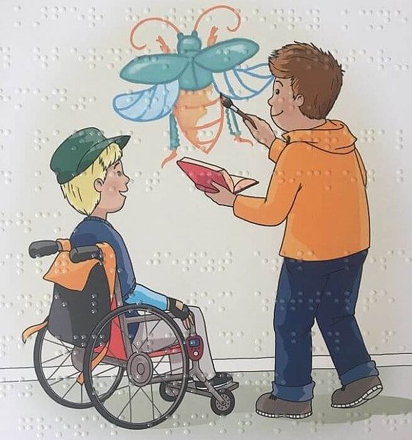 Zeichnung: Kind zeichnet im stehen einen Schmetterling an die Wand, ein anderes Kind sitzt im Rollstuhl und schaut zu, Copyright: Carlsen Verlag.