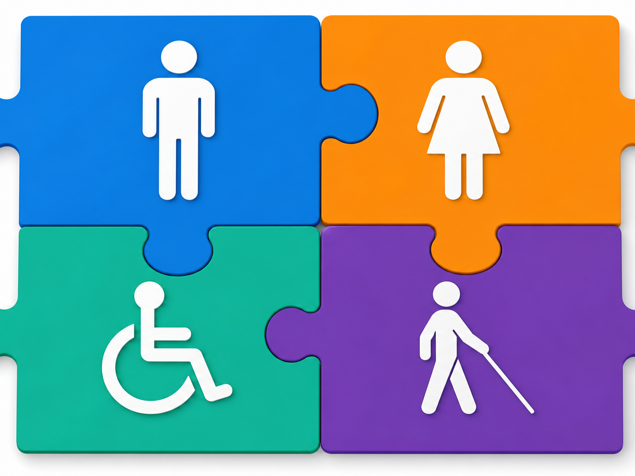 Bunte Puzzle-Illustration mit Rollstuhl-, Frauen-, Männer- und Blindenstock -Icon.